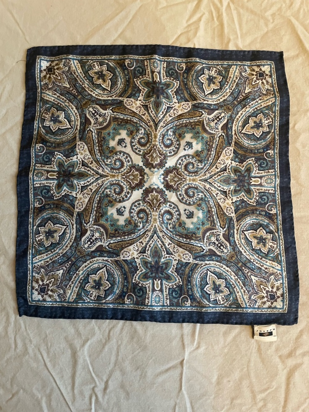 Joseph 100% Silk Paisley Pocket Square Accent Panel in Blue and Cream